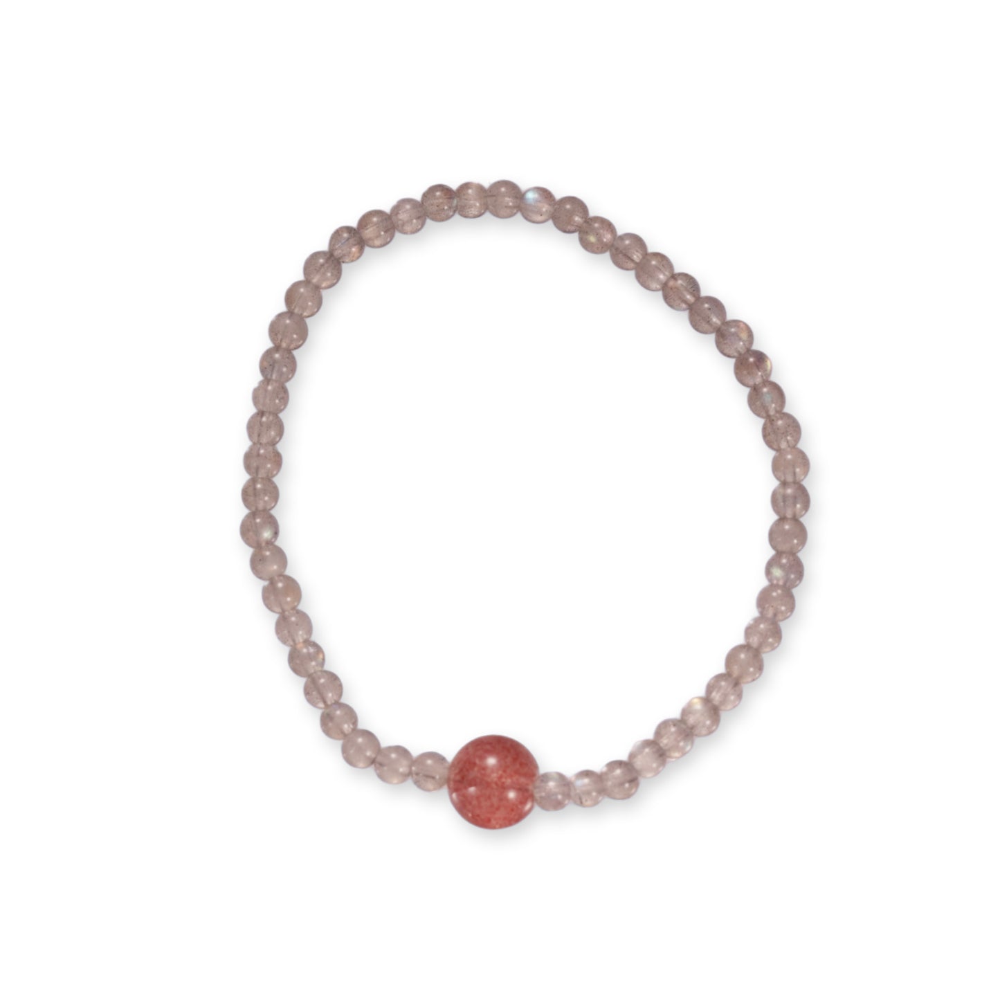 Grijze Maansteen Armband met Aardbeienkwarts – Subtiele Edelsteen met Zachte Glans en Accentkraal