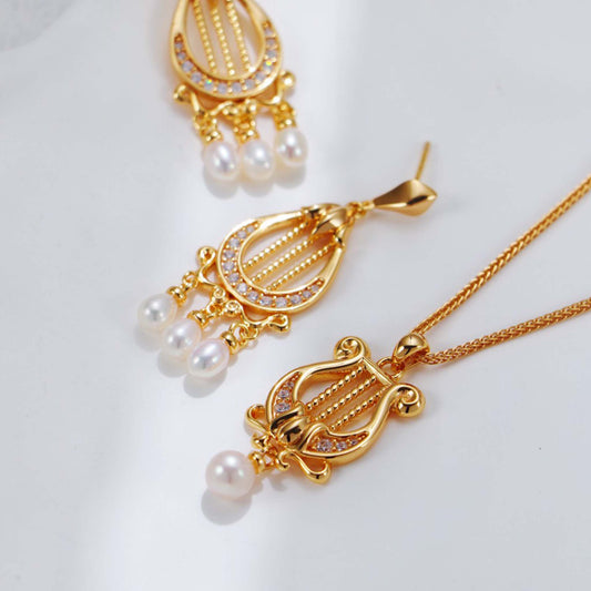 Harp Sieradenset – 925 Sterling Zilver Artistieke Ketting en Oorbellen met Pareldetails