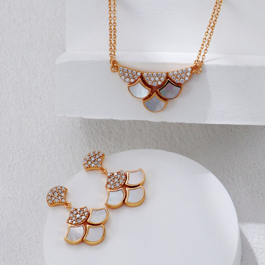 Parelmoer Sieradenset – 925 Sterling Zilver Goud Vergulde Elegante Ketting en Oorbellen