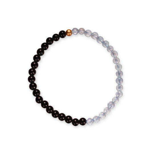 Obsidiaan & Aquamarijn Armband – Zwart met Lichtblauwe Edelsteen Combinatie en Gouden Accent