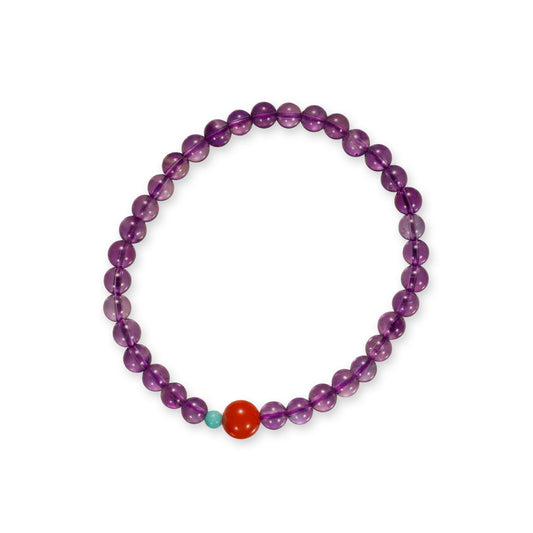 Amethyst Bracelet - Purple Gemstone with Red Agate Accent and Turquoise Detail