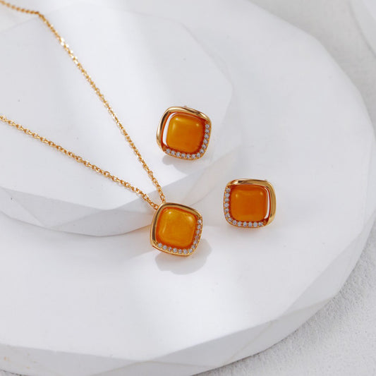 Amber Sieradenset – Vintage 925 Sterling Zilver Goud Vergulde Ketting en Oorbellen