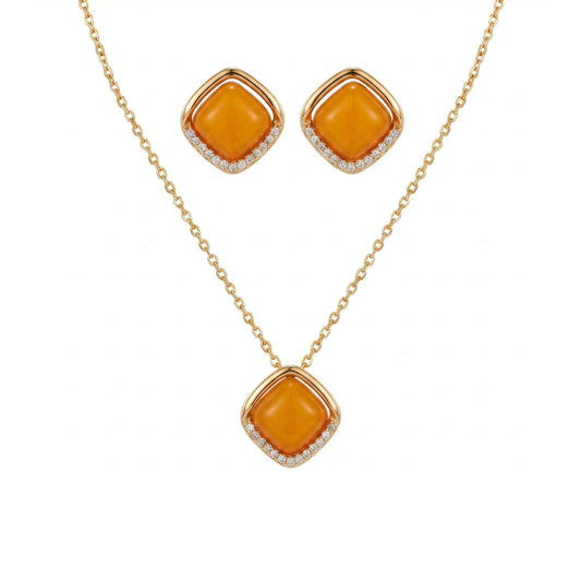 Amber Sieradenset – Vintage 925 Sterling Zilver Goud Vergulde Ketting en Oorbellen