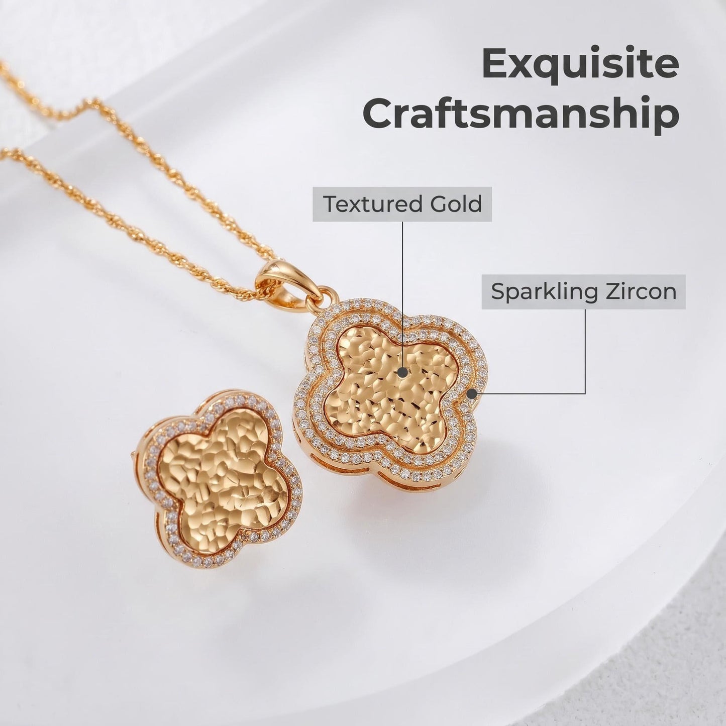 Klaver Sieradenset – 925 Sterling Zilver Goud Vergulde geluks Ketting en Oorbellen