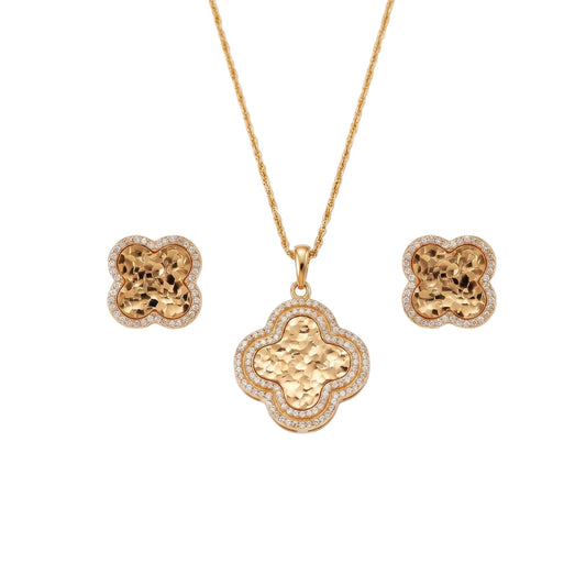 Klaver Sieradenset – 925 Sterling Zilver Goud Vergulde geluks Ketting en Oorbellen