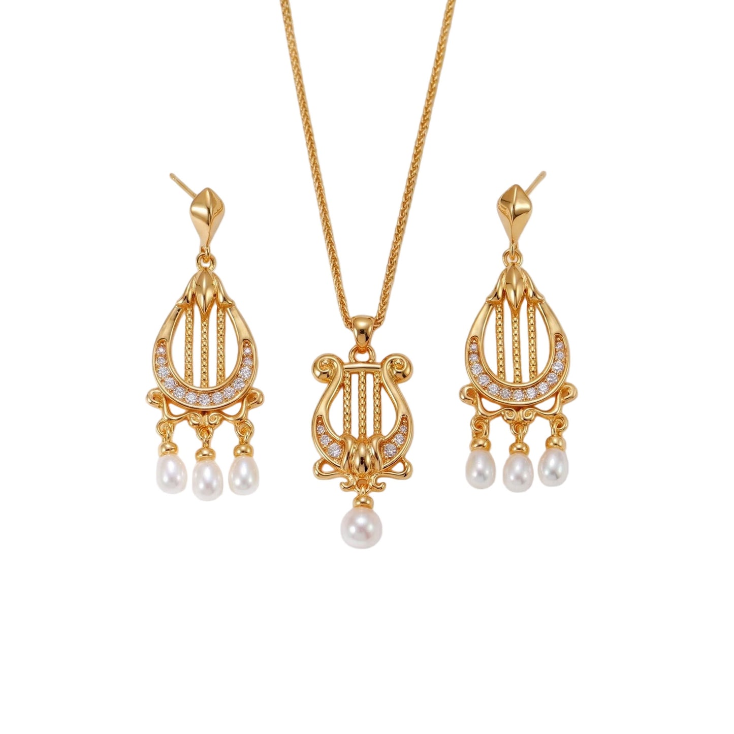 Harp Sieradenset – 925 Sterling Zilver Artistieke Ketting en Oorbellen met Pareldetails