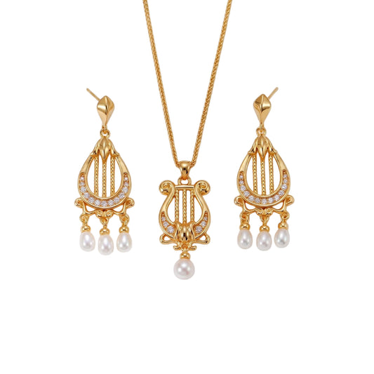 Harp Sieradenset – 925 Sterling Zilver Artistieke Ketting en Oorbellen met Pareldetails