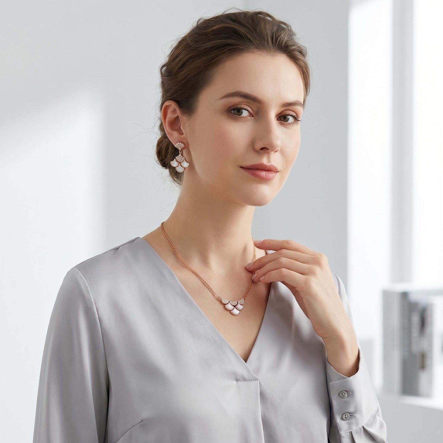 Parelmoer Sieradenset – 925 Sterling Zilver Goud Vergulde Elegante Ketting en Oorbellen