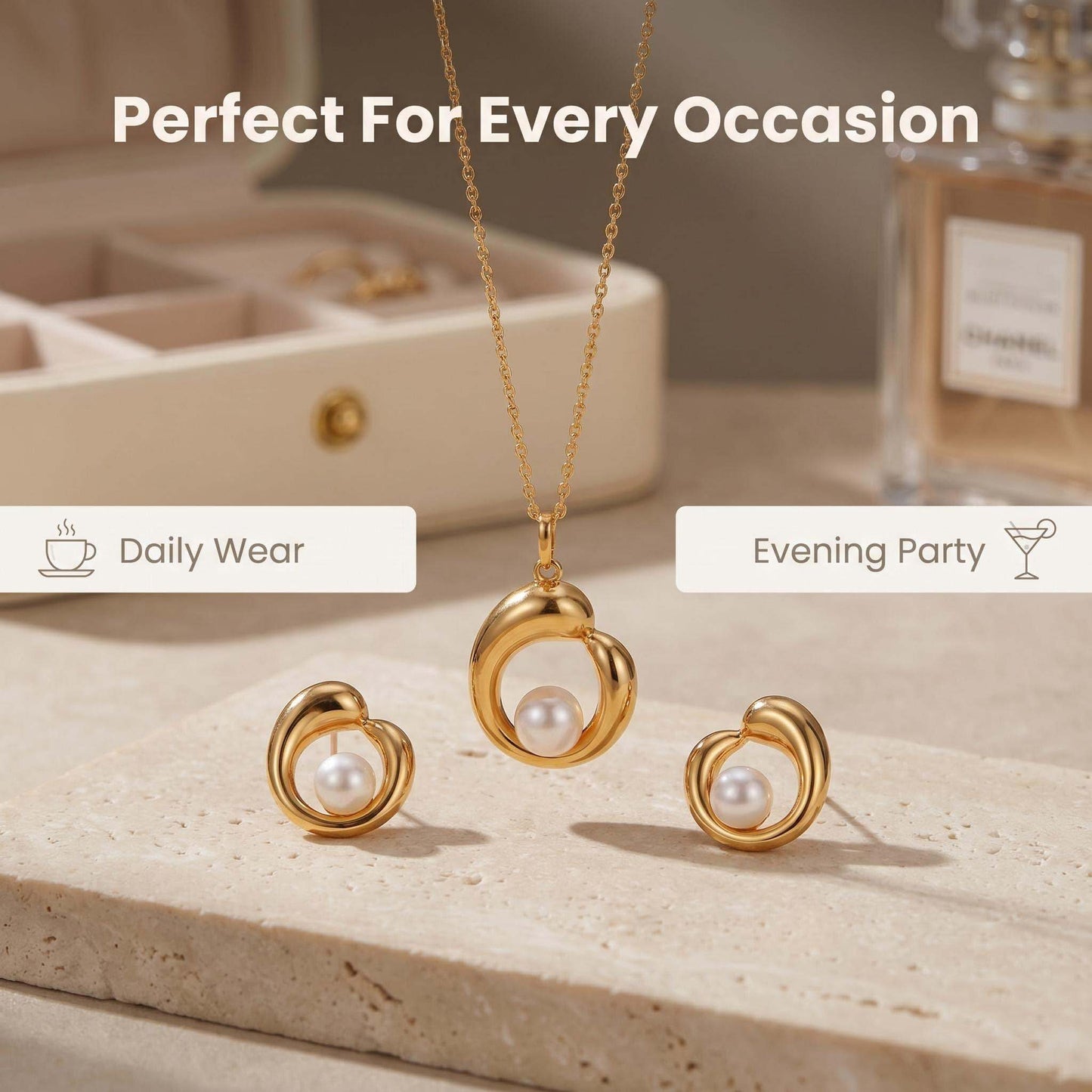 Goud Vergulde Parel Sieradenset –  925 Sterling Zilveren Delicate Ketting & Oorbellen