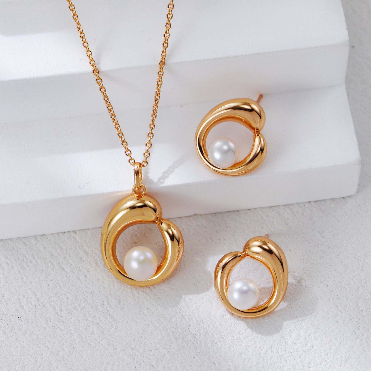 Goud Vergulde Parel Sieradenset –  925 Sterling Zilveren Delicate Ketting & Oorbellen