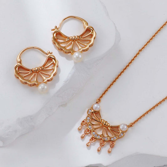 Parel Sieradenset – 925 Sterling Zilver Goud Vergulde Ketting en Oorbellen