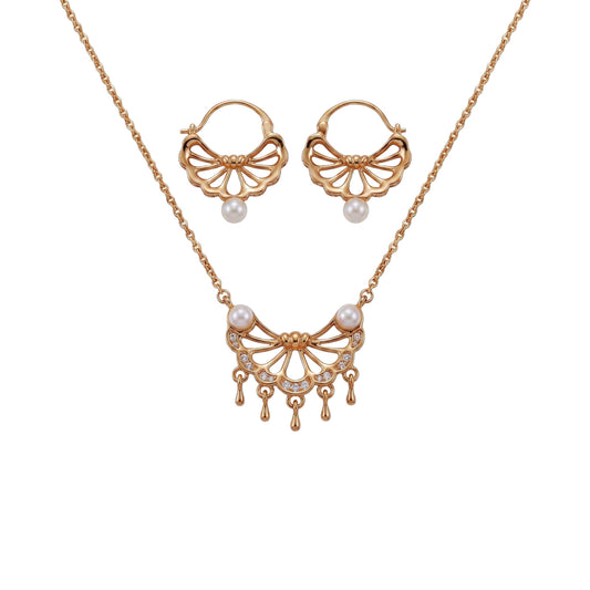 Parel Sieradenset – 925 Sterling Zilver Goud Vergulde Ketting en Oorbellen