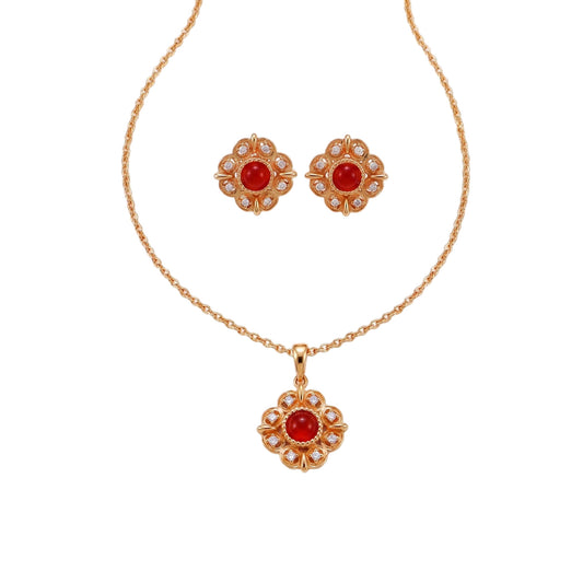 Rode Agaat Sieradenset – 925 Sterling Zilver Goud Vergulde Ketting en Oorbellen in Vintage Stijl
