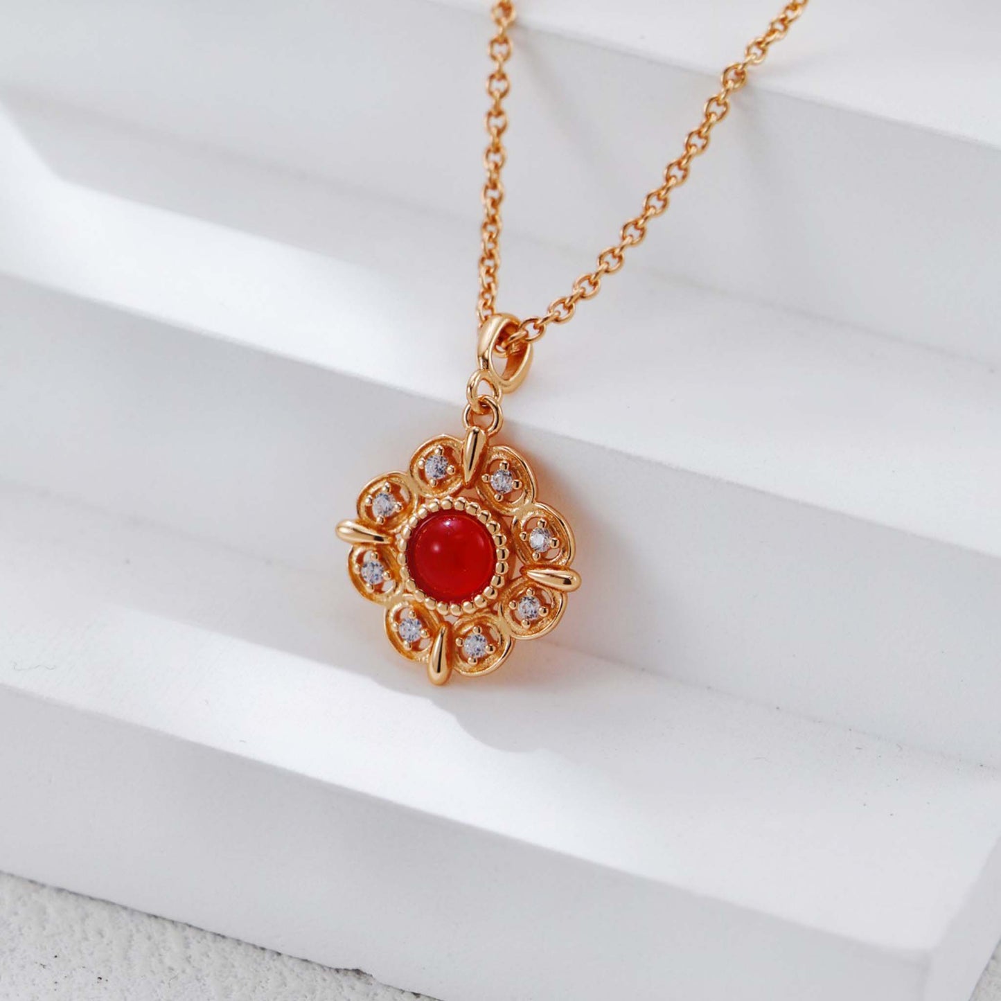Rode Agaat Sieradenset – 925 Sterling Zilver Goud Vergulde Ketting en Oorbellen in Vintage Stijl